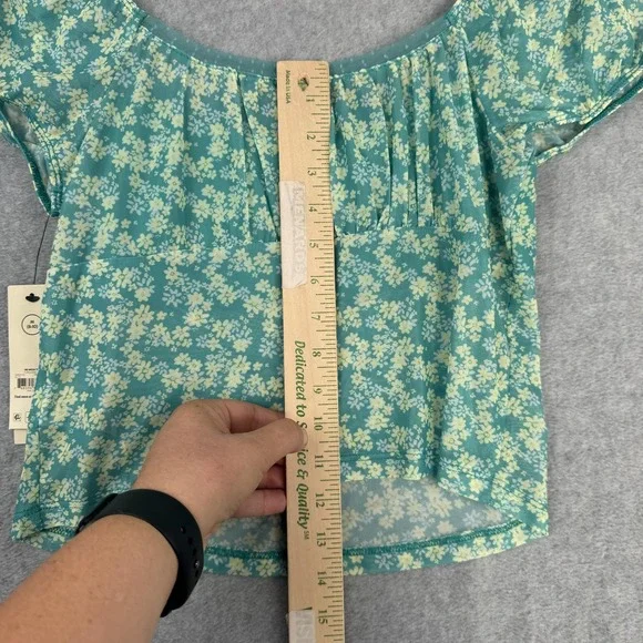 No Boundaries Top Womens M Teal Floral Sheer Crop Y2K Milkmaid Cottagecore Fairy - Picture 8 of 10